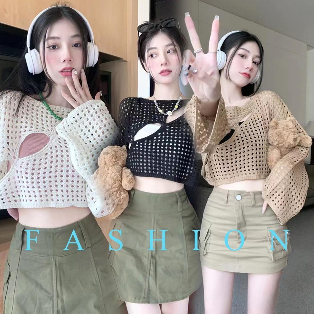 MIMI&DIDI.เสื้อครอปไหมพรม แขนยาว เสื้อเบลาส์ป้องกันแสงแดด ผ้าตาข่าย ดีเทลเจาะรูหน้าอก เก๋ๆ แฟชั่นสไตล์เกาหลีฤดูร้อน#6709