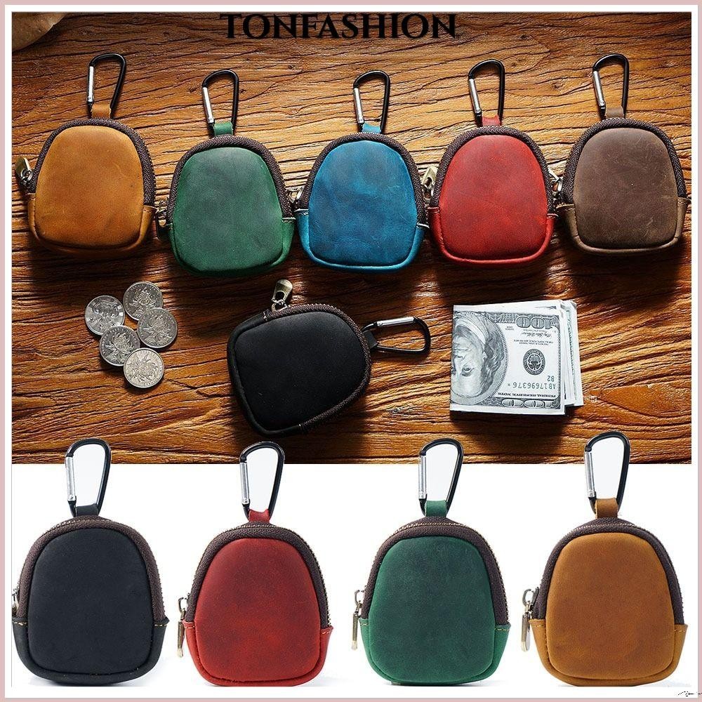Tonfashion กระเป๋าใส่เหรียญ หนังวัวแท้ มีซิป ขนาดเล็ก พร้อมพวงกุญแจ