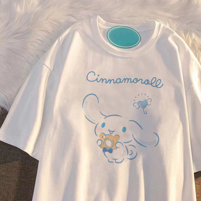เสื้อยืดแขนสั้นลําลอง พิมพ์ลายสุนัข Cinnamoroll แฟชั่นฤดูร้อน สําหรับเด็กผู้หญิง 2024