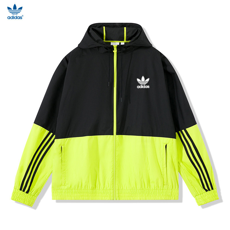 Adidas Clover Mens Big Logo Print Running Training Hooded Windbreaker Couple Thin Jacket พร้อมแผงตัด