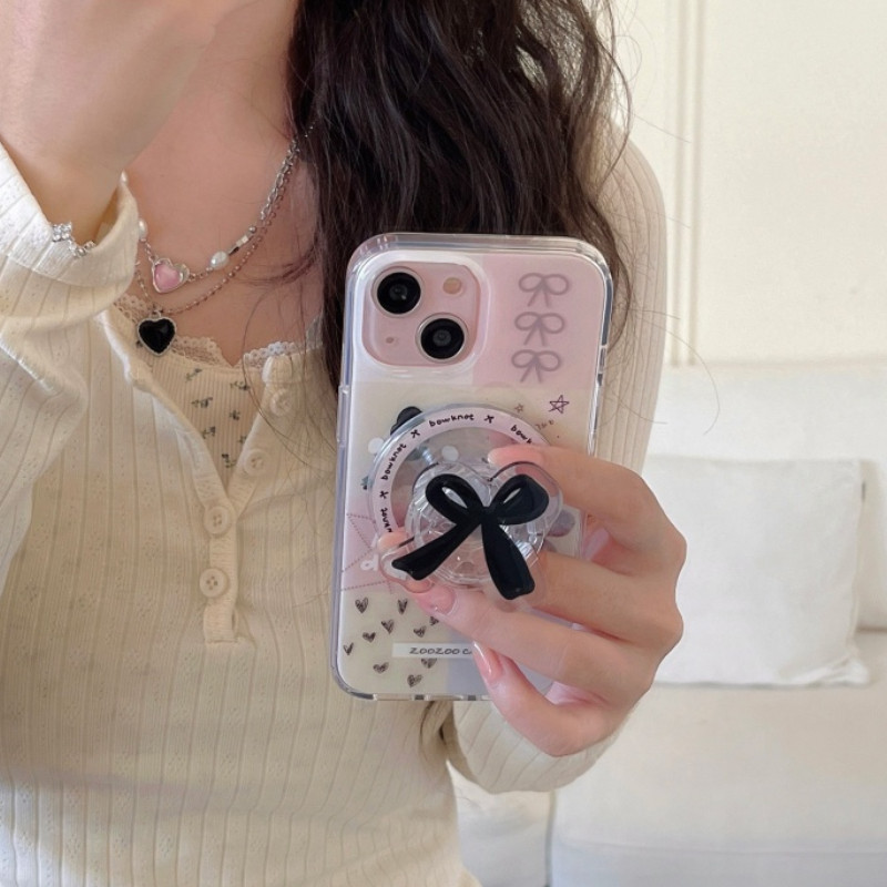เคสโทรศัพท์มือถือแบบแข็ง แม่เหล็กดูดติดโบว์ ลายการ์ตูนหมี สําหรับ iPhone 12 13 14 15 Pro Max