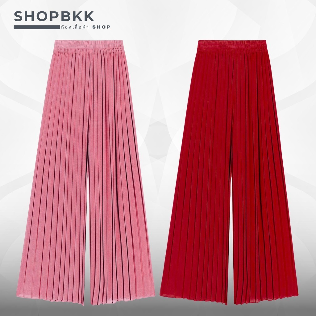 กางเกงขากว้าง ผู้หญิง สง่างามตกแต่งอัดพลีท สีพื้น LS005 Clothing Pants Women Lady