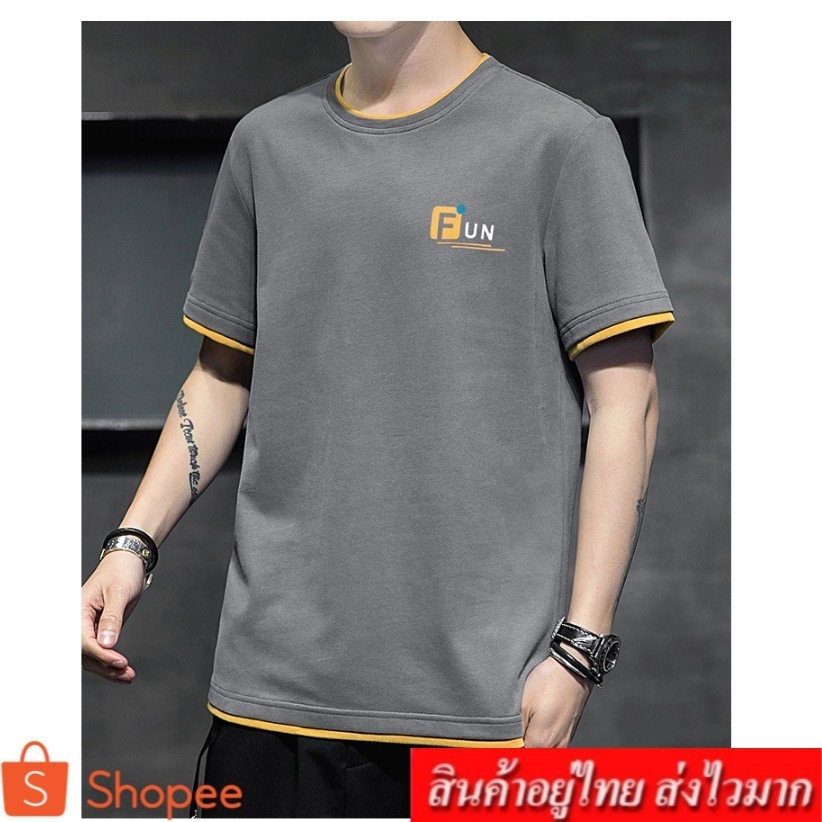 COCO เสื้อยืดคอกลม แขนสั้น แฟชั่นชาย แต่งลายด้านหน้า ลายใหม่สไตน์เกาหลี สวมใส่สบาย รุ่น 0240