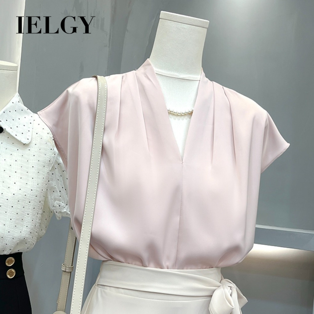 IELGY Commuting เสื้อคอวี high-end แขนสั้นบางสําหรับผู้หญิง ส่งสร้อยคอมุก