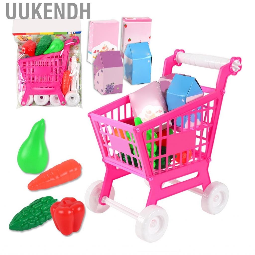 Uukendh Children Shopping Trolley  Kids Cart Play Set Plastic Lightweight 21pcs for Playing