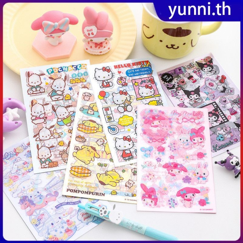 4 ชิ้น/ถุงน่ารัก Sanrio สติกเกอร์ Cinnamoroll Hello Kitty Kuromi สติ๊กเกอร์กันน้ำ DIY โทรศัพท์กระเป๋าเดินทางแล็ปท็อปกีตาร์สติกเกอร์ของเล่นเด็ก Yunni
