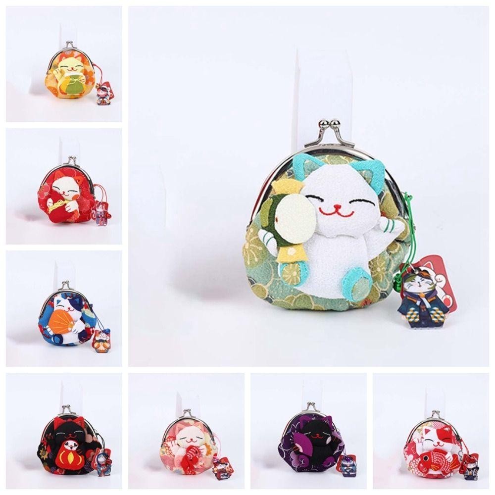 Aubrey1 Maneki Neko กระเป๋าใส่เหรียญ,สไตล์ญี่ปุ่นดอกไม้พิมพ์ Lucky Cat กระเป๋าคลัทช์,แบบพกพาตุ๊กตา PU กระเป๋าสตางค์ผู้ถือบัตรผู้ชาย