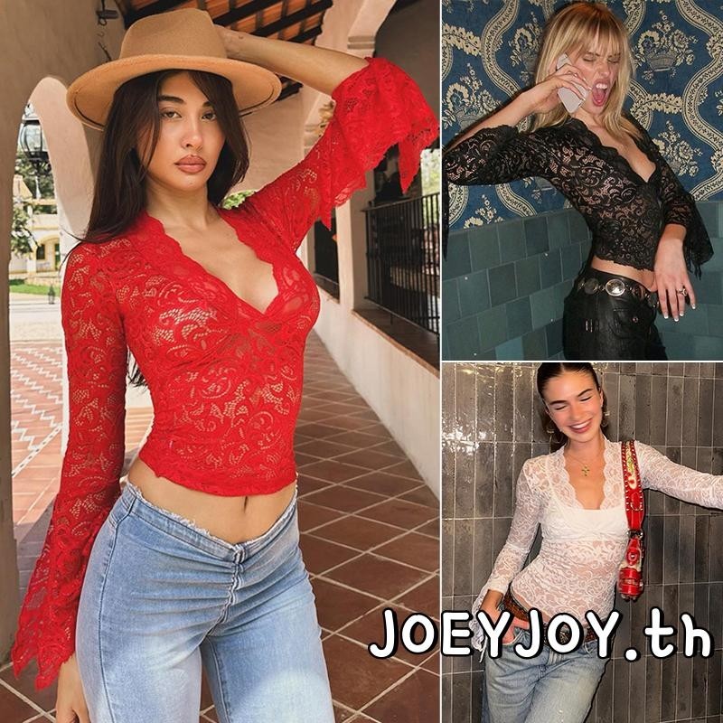 Joeyjoy-เสื้อยืดลูกไม้ผู้หญิงฤดูร้อน แขนยาว คอวีลึก ทรงเข้ารูป ผ้าโปร่ง