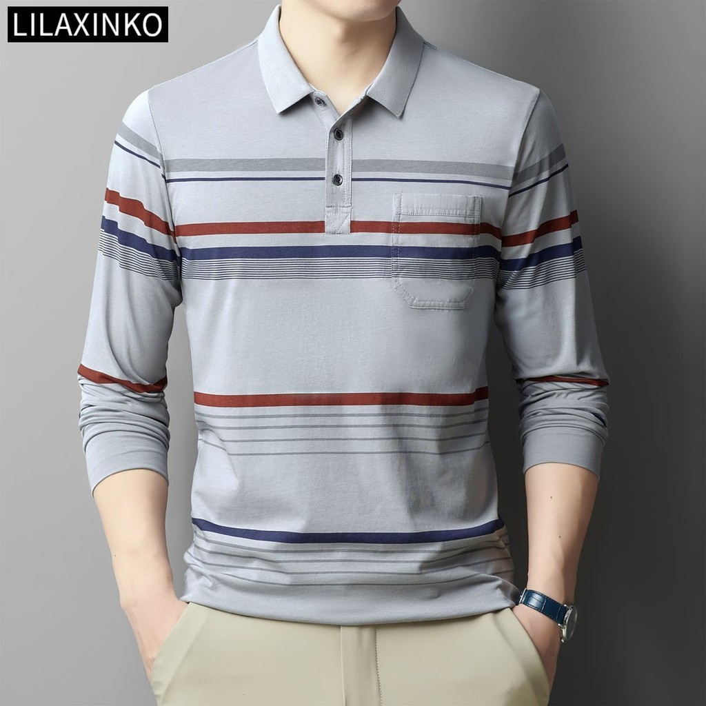 เสื้อโปโลแขนยาวลําลอง ผ้าฝ้าย ลายทาง มีกระเป๋า สไตล์คลาสสิก สําหรับผู้ชาย