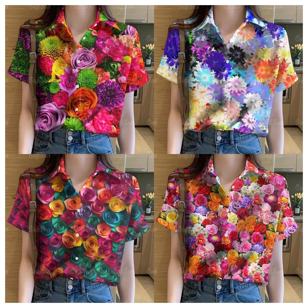 ( มีสินค้า ) เสื้อฮาวายสตรีทันสมัย2567 เสื้อลายดอกสีแดงสวยงาม สไตล์รีสอร์ทลำลองทุกวัน เสื้อยืดฤดูร้อนทรงหลวมและระบายอากาศได้ดี