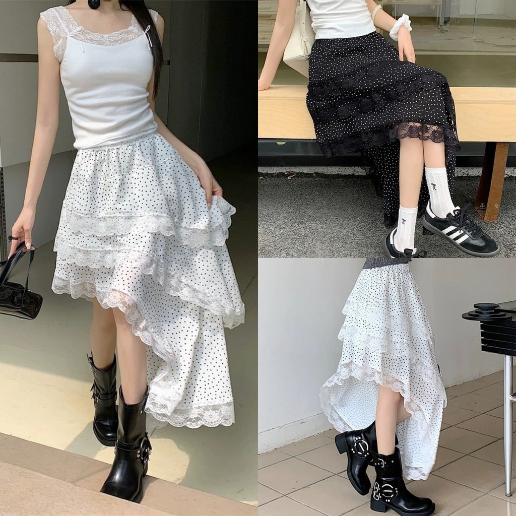 💖Bonnie💖กระโปรงเอวกลาง ทรงเอ ลายจุด แต่งลูกไม้ กระโปรงแฟชั่น สไตล์ y2k เอวยืด ใส่ไปทะเล#2916-1-NZ-XM