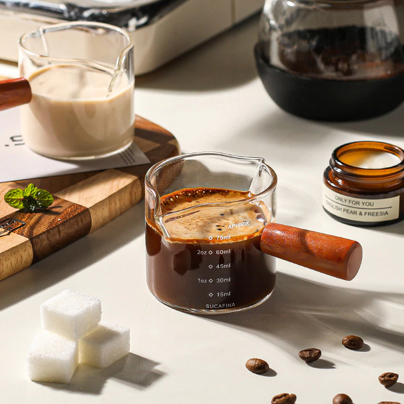 แก้วตวง กาแฟ ด้ามไม้ สองปากเท แก้วช็อต 75 มิลลิลิตร จับไม้ขนาดเล็กถ้วย เอสเพรสโซกาแฟออนซ์ถ้วย