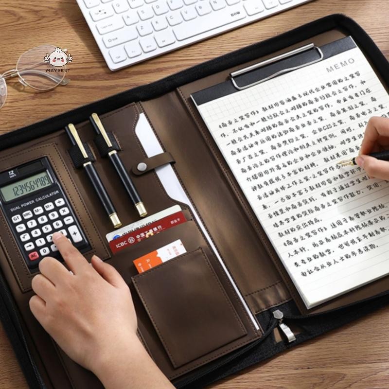 {maybest} Multifunctional A4/A5 Leather Portfolio For Document Organizer Zippered Bag With Calculator Pens Man Writing Briefcase Office {TH}