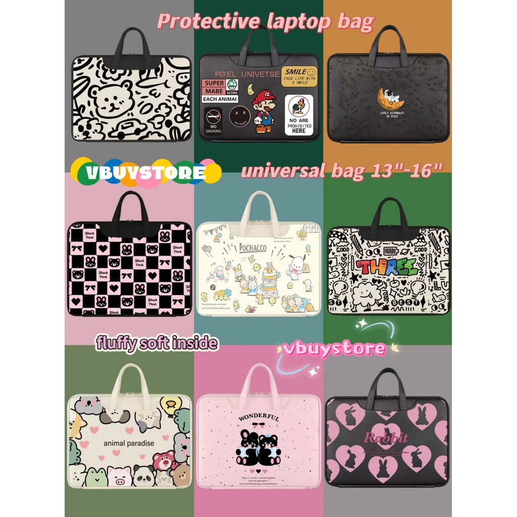 Universal กระเป๋าแล็ปท็อปน่ารักการ์ตูนดอกไม้ Bunny Heart พร้อมที่จับสําหรับ Notebook Air Macbook น่ารักการ์ตูนกระเป๋า PU หนังกระเป๋ากันน้ํา 16 นิ้ว 13 14 นิ้วกระเป๋าคอมพิวเตอร์