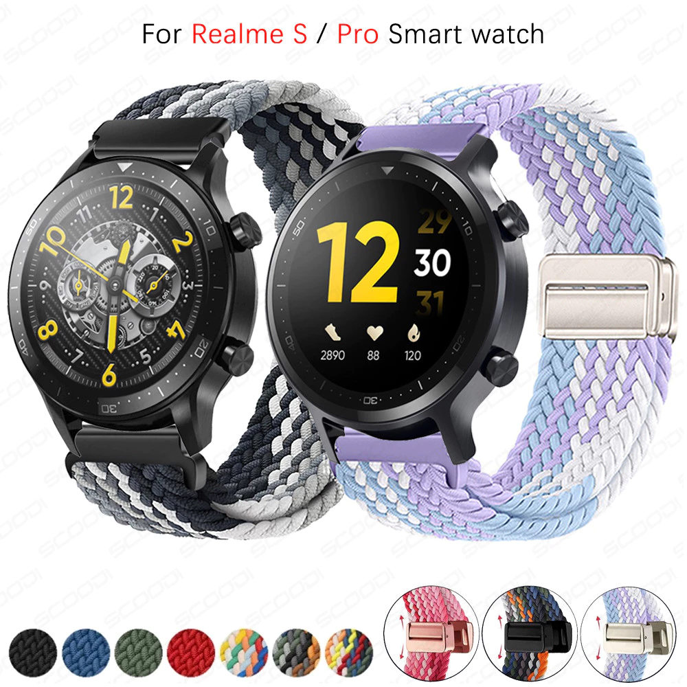 20 มม.22 มม.แม่เหล็ก Braided Loop สําหรับ Realme นาฬิกา S/S pro กีฬาสายรัดข้อมืออุปกรณ์เสริมสําหรับ Realme นาฬิกา 5 / 3 /3pro /2 / 2Pro / T1 สร้อยข้อมือไนลอนยืดหยุ่น