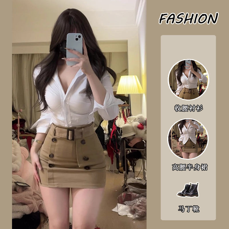 กระโปรง Slimmer ดูชุดสองชิ้น 2024 แขนยาว Slim-Fit ชุดสไตล์ใหม่ฤดูใบไม้ผลิเสื้อสไตล์หญิงบริสุทธิ์เอวสูงสาวร้อน 8Q7Q
