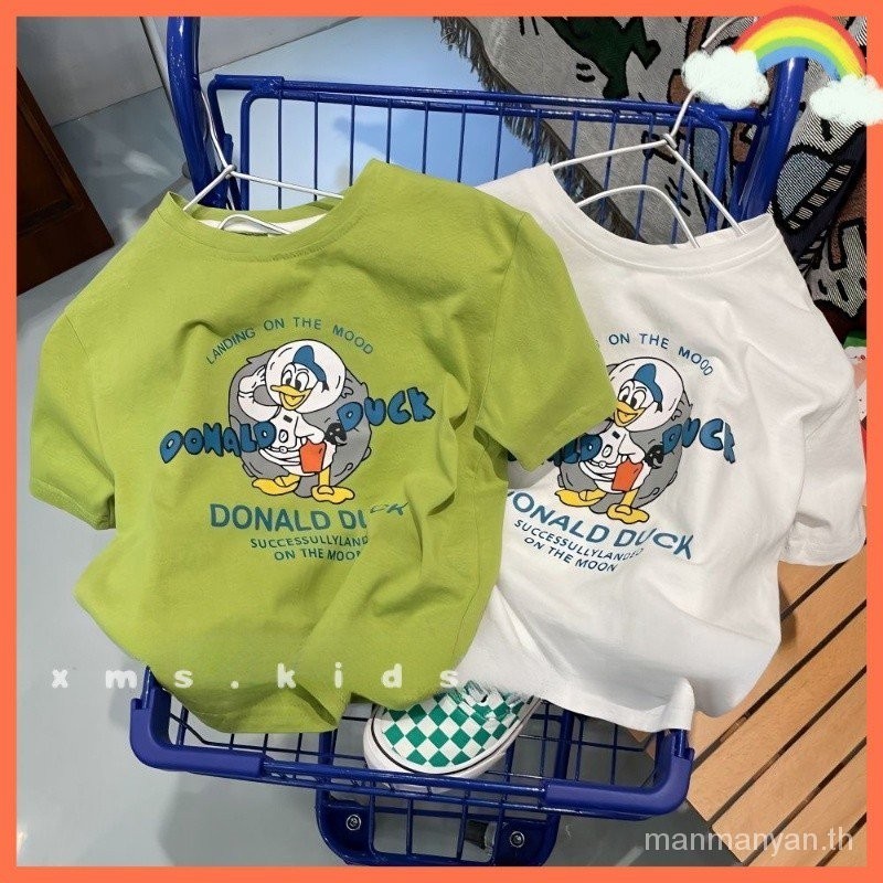 เสื้อยืดแขนสั้น ผ้าฝ้าย 100% พิมพ์ลายการ์ตูนโดนัลด์ สีเขียว สําหรับเด็กผู้ชาย และเด็กผู้หญิง