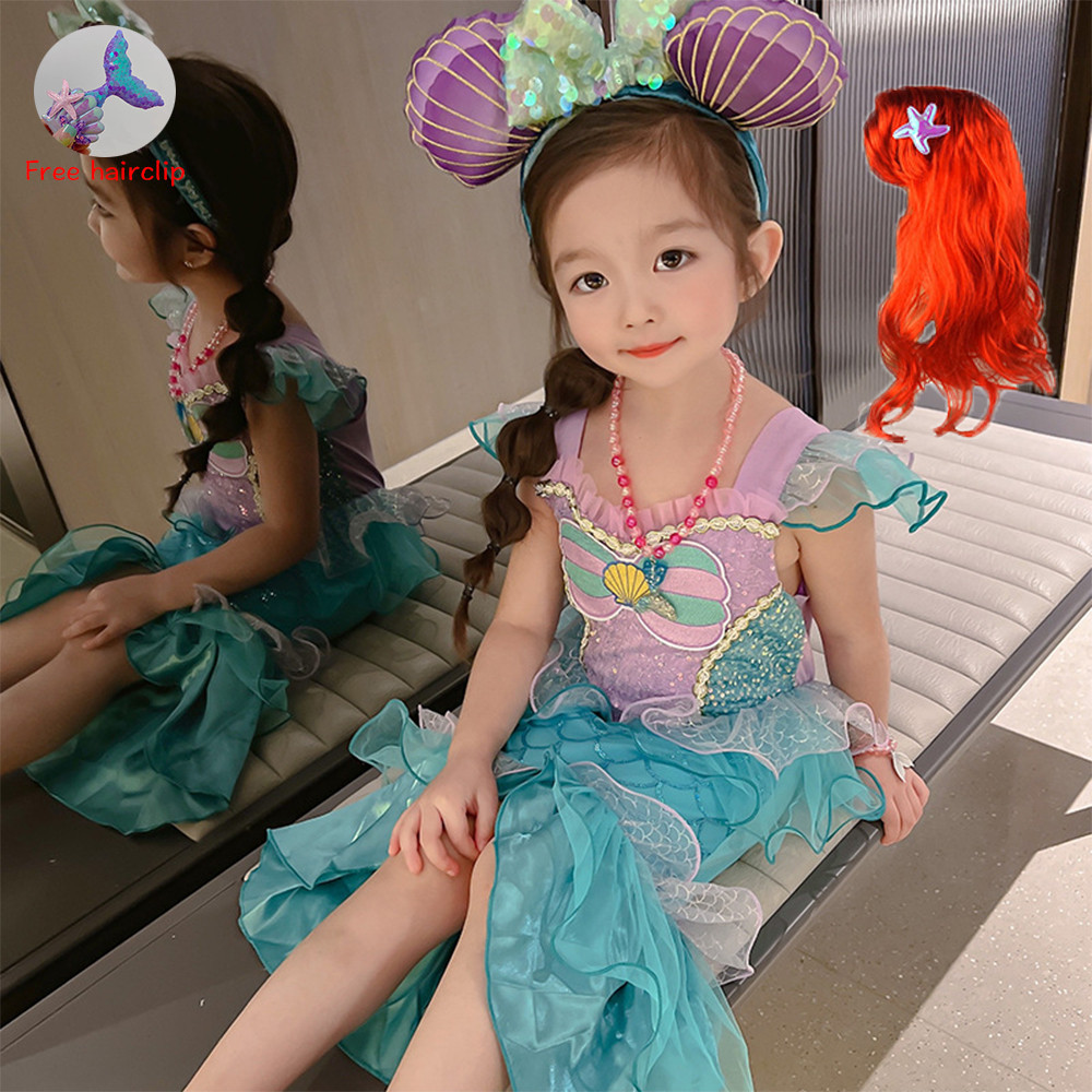 ชุดนางเงือก สําหรับเด็กผู้หญิง เจ้าหญิง แอเรียล เลื่อม ตาข่าย ชุดเดรส พร้อมวิกผม เด็ก ฮาโลวีน เสื้อผ้า วันเกิด