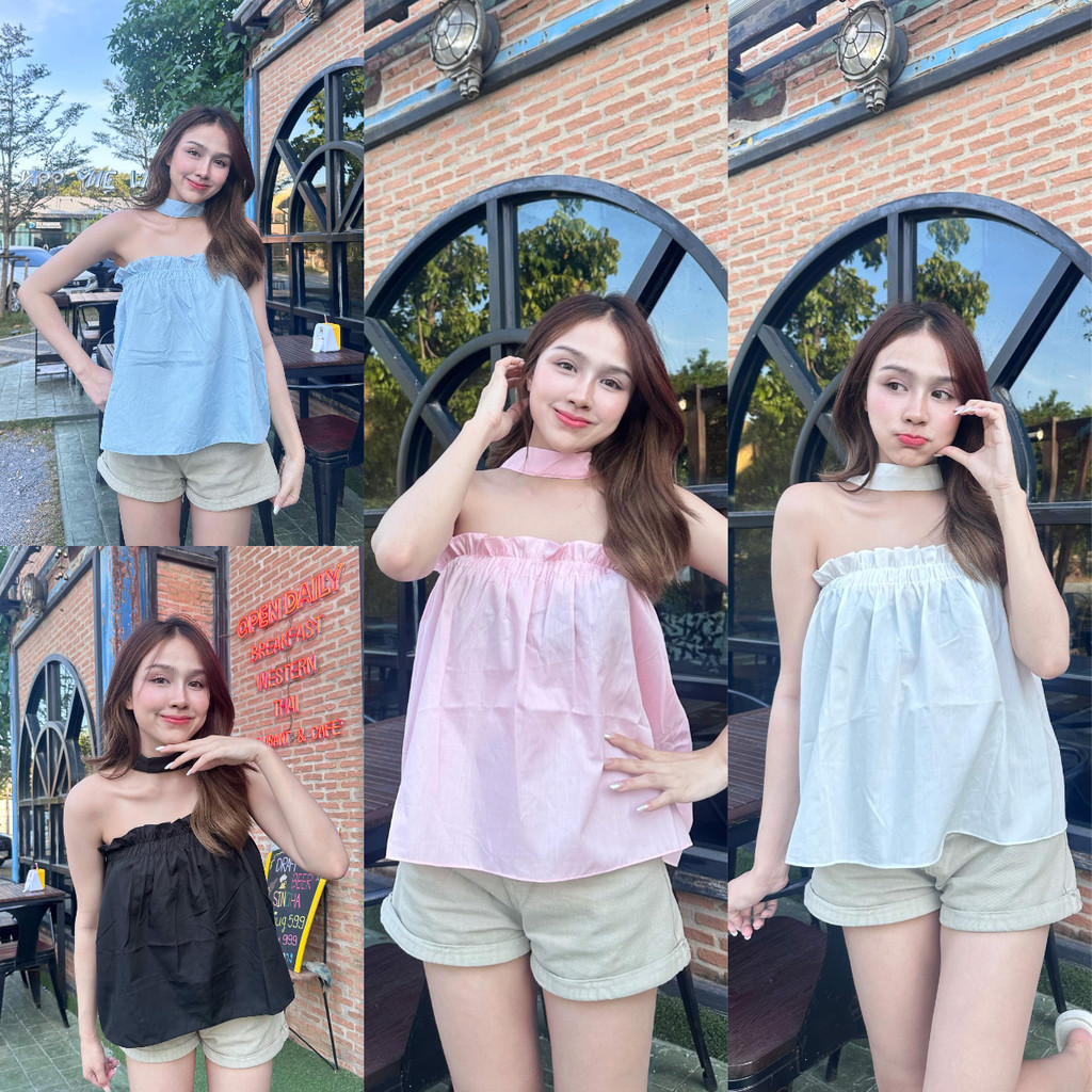 Aurora 🛒พร้อมส่ง🚚 เสื้อสายคล้องคอ ผ้าชีฟอง น่ารักเกาหลีเบาๆ เว้าหน้าเล็กๆ แมชได้ทุกลุค สีพื้นเรียบๆ สวยเกร๋ 60129