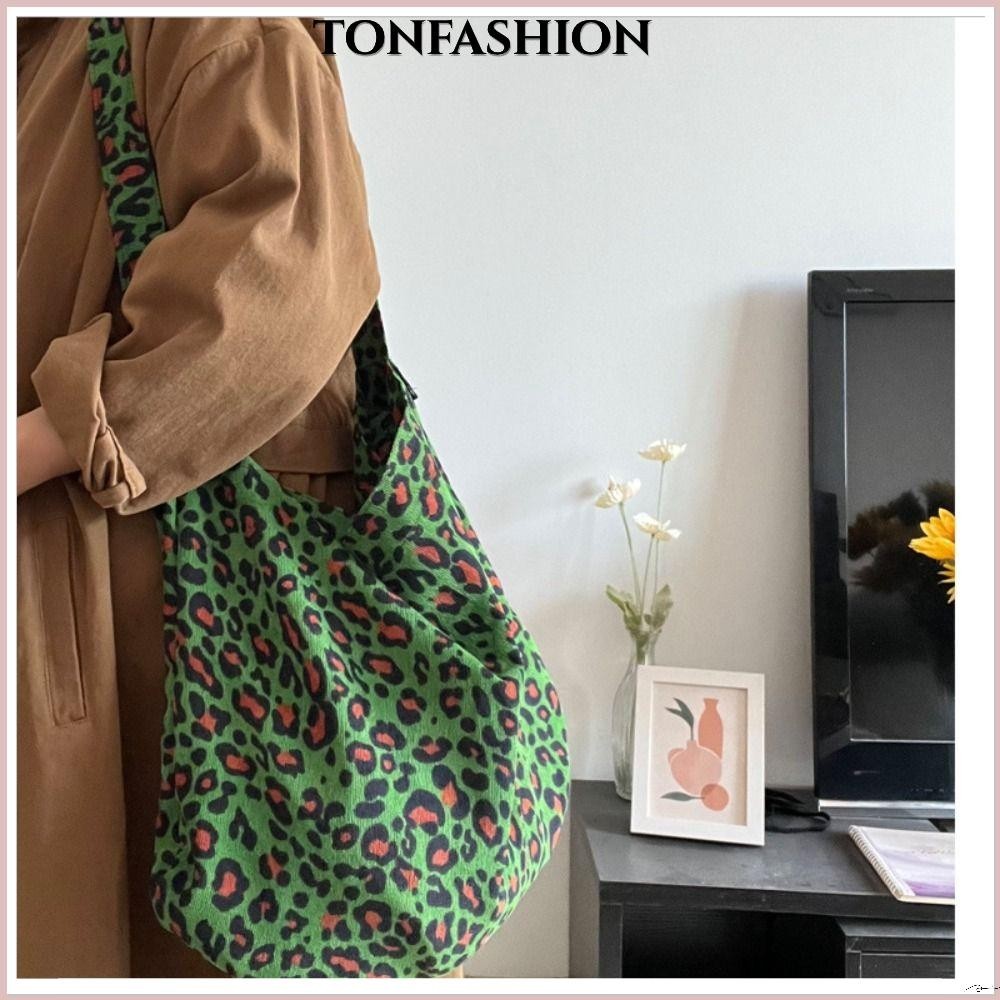 Tonfashion กระเป๋าสะพายไหล่ กระเป๋าถือ กระเป๋าช้อปปิ้ง ผ้าลูกฟูก พิมพ์ลายเสือดาว น้ําหนักเบา จุของได้เยอะ สําหรับผู้หญิง