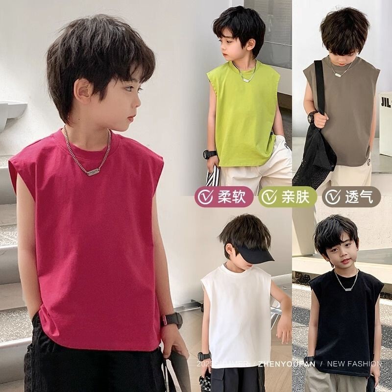เด็กชายเสื้อกั๊กแขนกุดฤดูร้อนสไตล์ใหม่แฟชั่นเวอร์ชั่นเกาหลีผ้าฝ้ายแท้หลวมสีทึบเสื้อยืดกีฬาลําลองนุ่มสบายทั้งหมด-