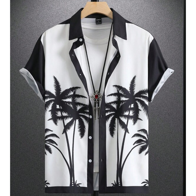Songkran เสื้อเชิ้ตแขนสั้นลําลอง พิมพ์ลายต้นมะพร้าว 3 มิติ ทรงหลวม ขนาดใหญ่ คุณภาพสูง แฟชั่นฤดูร้อน สําหรับผู้ชาย