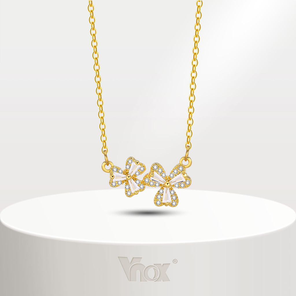 Vnox สร้อยคอทองคํา 18K จี้ใบโคลเวอร์ ประดับเพทาย สีขาว เครื่องประดับ สําหรับผู้หญิง
