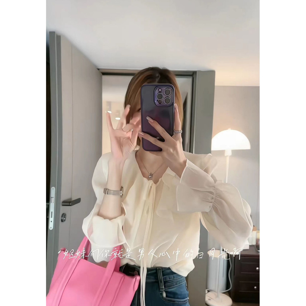 สไตล์ตะวันตกลดอายุเสื้อชีฟองหวานสุภาพสตรีการออกแบบต้นฤดูใบไม้ผลิระดับไฮเอนด์ซอกฝรั่งเศสซูเปอร์นางฟ้าสวมใส่ด้านบน