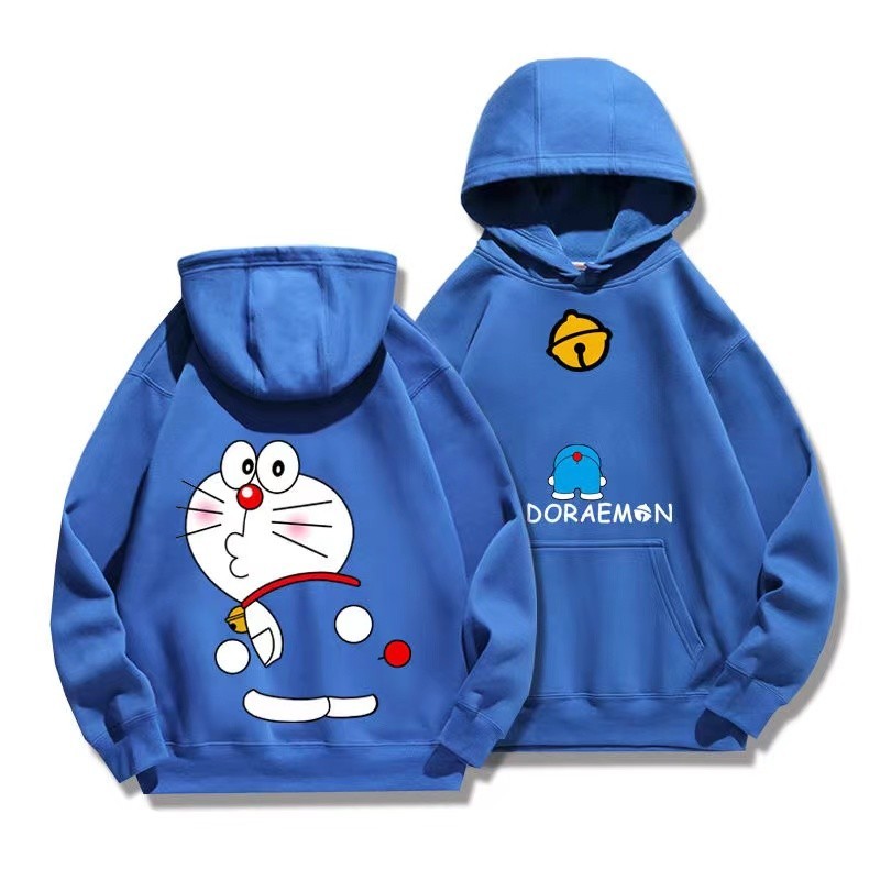 เสื้อกันหนาวแขนยาว มีฮู้ด แบบสวมหัว พิมพ์ลายโดราเอมอน ทรงหลวม แฟชั่นเรียบง่าย สไตล์เกาหลี สําหรับผู้หญิง และผู้ชาย