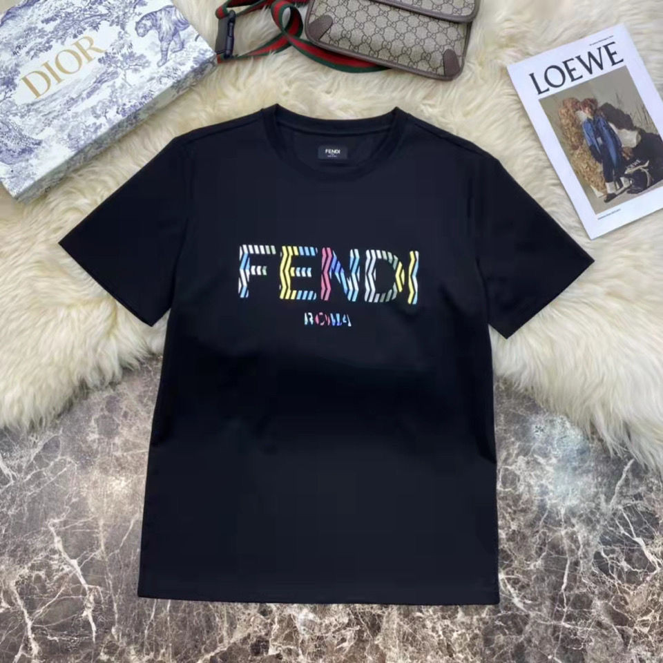 Fendi เสื้อยืดแขนสั้นผ้าฝ้ายแท้ Fendi ฤดูใบไม้ผลิและฤดูร้อนใหม่ Di อินเทรนด์นักเรียนคู่ Ins Lette สา