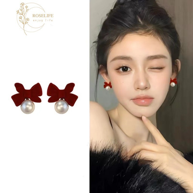 Roselife ต่างหูสตั๊ด กํามะหยี่ ประดับโบว์ มุก สีแดง หรูหรา เครื่องประดับ สําหรับผู้หญิง งานหมั้น งานเลี้ยง อาหารค่ํา ปาร์ตี้ เครื่องประดับหู ของขวัญประจําวัน
