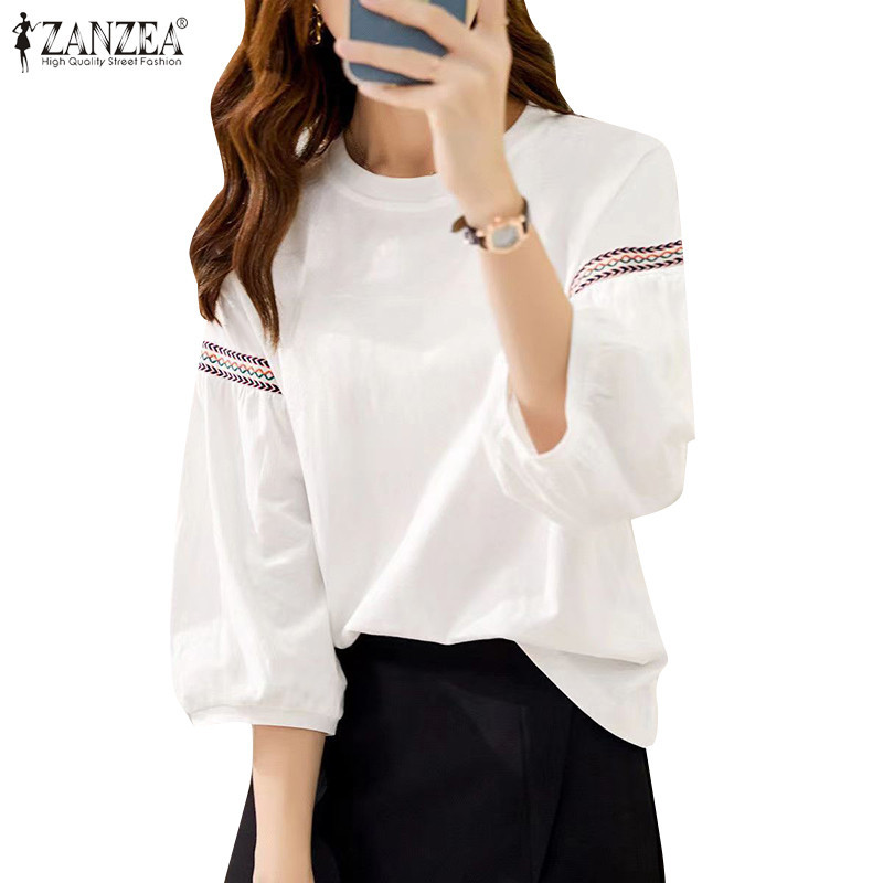 Zanzea Celmia เสื้อเบลาส์ลําลอง คอกลม แขน 3/4 สีพื้น สําหรับสตรี