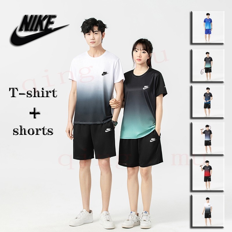 nikeชุดกีฬากลางแจ้ง เสื้อยืด แขนสั้น กางเกงขาสั้น ผ้าเรยอน ทรงหลวม แห้งเร็ว ไล่โทนสี คุณภาพสูง สําหรับผู้ชาย และผู้หญิง ไซซ์ M-5XL