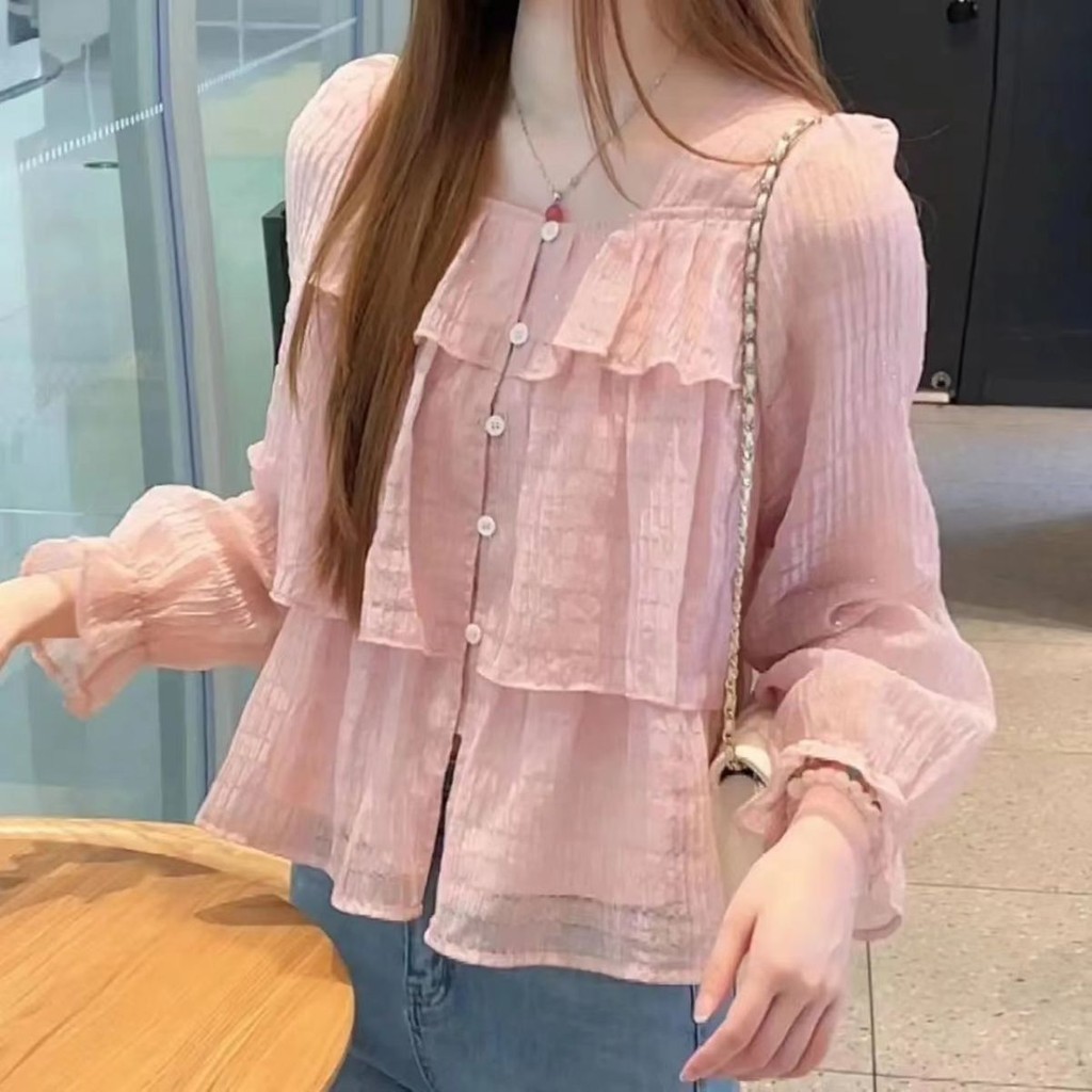 เสื้อเชิ้ตแขนยาว ผ้าชีฟอง แต่งระบาย ขนาดเล็ก แฟชั่นฤดูใบไม้ผลิ และฤดูใบไม้ร่วง สําหรับผู้หญิง
