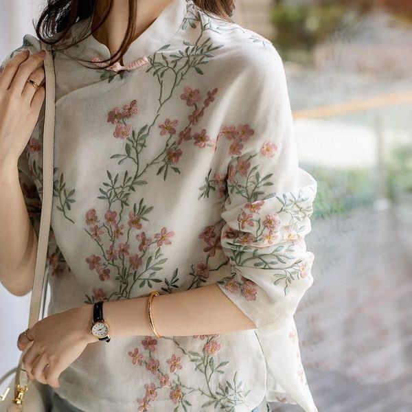 Xiao2 เสื้อเชิ้ตแขนยาว พิมพ์ลายดอกพีช สไตล์จีนย้อนยุค แฟชั่นฤดูใบไม้ผลิ สําหรับผู้หญิง