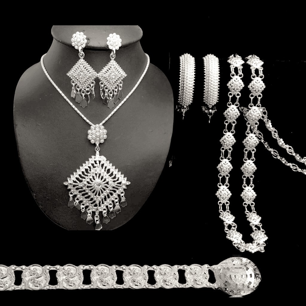 Elegant you ชุดเครื่องประดับสีเงิน สร้อยคอ ต่างหูคลิป เข็มขัดหัวเข็มขัด สร้อยสังวาลย์