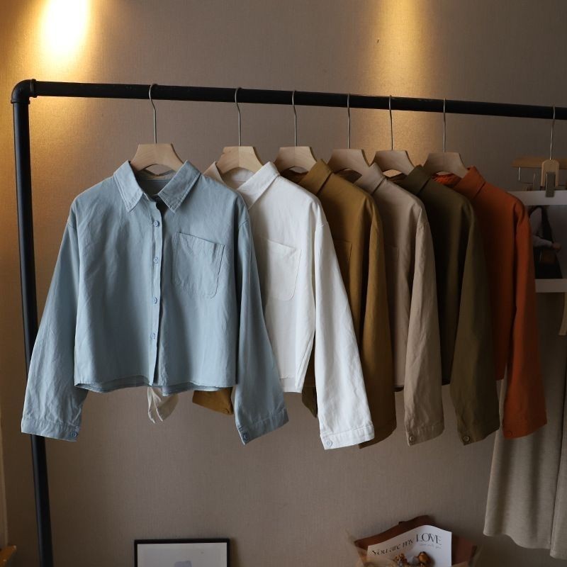 เสื้อเชิ้ตผู้หญิงแขนยาวผ้าฝ้ายแท้แบบสั้นสไตล์อ่อนโยนของญี่ปุ่น