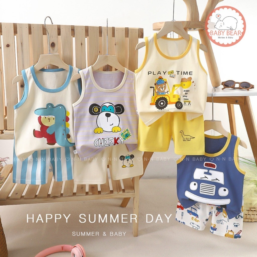ชุดเด็ก เสื้อกร้าม+กางเกงขาสั้น เสื้อแขนกุดน่าร้อน ผ้าcotton