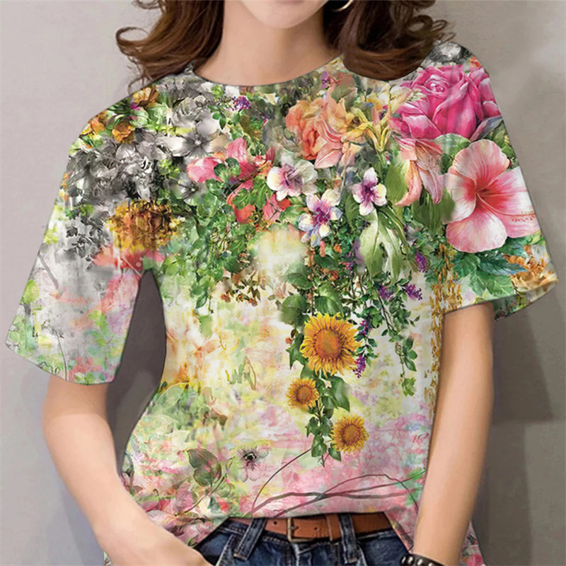เสื้อยืดแขนสั้นลําลอง พิมพ์ลายดอกไม้ แฟชั่นฤดูร้อน สไตล์ฮาราจูกุ สําหรับผู้หญิง Y2k 2024