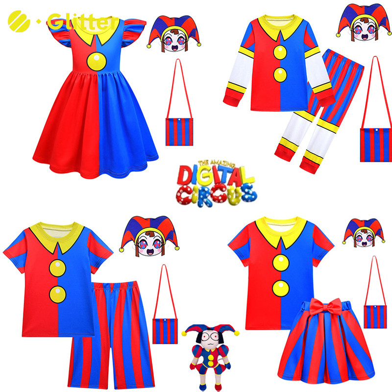 ใหม่ ชุดคอสเพลย์ The Amazing Digital Circus Dress for Kids Girl Clown Pomni Blue Red Dress T Shirt P