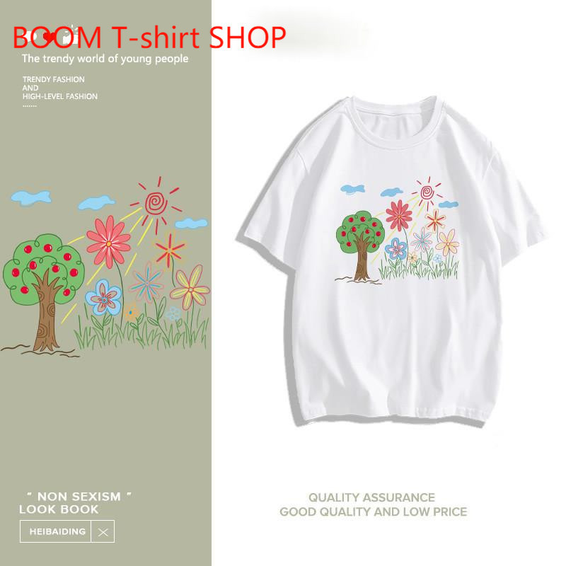 （จัดส่งตลอด 24 ชั่วโมง）BOOM SHOP Printed T-shirt,สวยสีสันภูมิทัศน์พิมพ์เสื้อยืดแขนสั้น Cotton 100% 6สี แฟชั่นสไตล์เกาหล