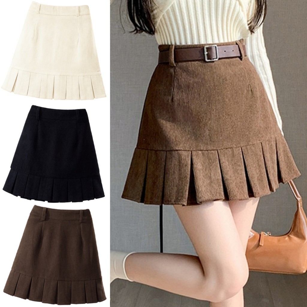 KaeKai พร้อมส่ง กระโปรงลูกฟูก เอวสูง มีซับใน ผ้านิ่ม สวย ซิปข้างหลัง