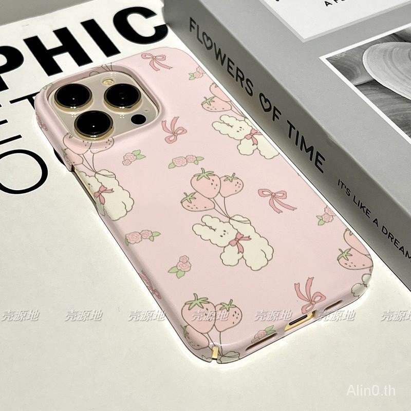 เคสโทรศัพท์มือถือแบบแข็ง กันกระแทก ลายกระต่าย สตรอเบอร์รี่ โบว์ สีชมพู สไตล์เกาหลี สําหรับ iPhone 7 8 Plus x xs xr xsmax 11 12 13 14 15 pro max เคส DS6G
