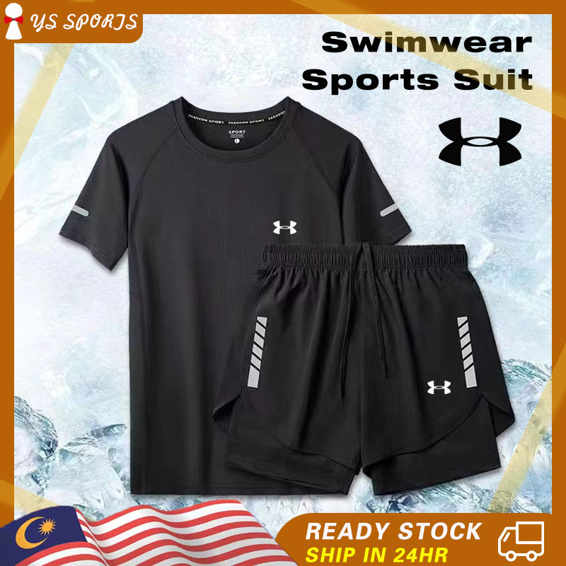 【พร้อมส่ง】ชุดว่ายน้ํา เสื้อยืด แขนสั้น กางเกงขาสั้น ผ้าตาข่าย ระบายอากาศ แห้งเร็ว เหมาะกับการเล่นกีฬาชายหาด สําหรับผู้ชาย ผู้หญิง 2 ชิ้น ต่อชุด