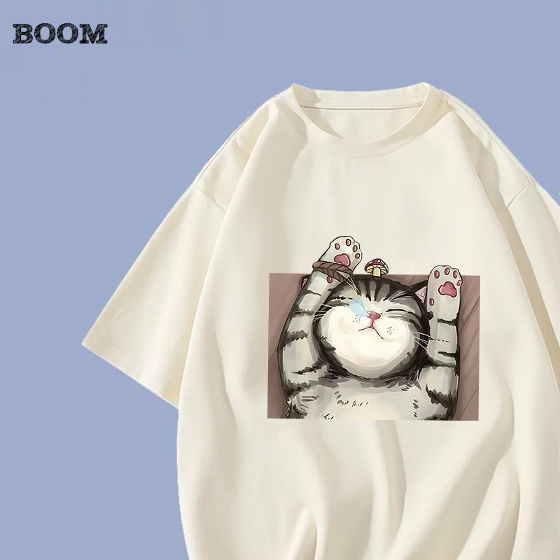 （จัดส่งตลอด 24 ชั่วโมง）BOOM SHOP เสื้อยืด oversize ผ้าคอตตอน100 น่ารักแมว ใส่สบายๆ สไตล์เกาหลี
