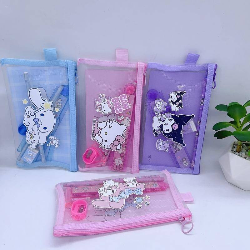 Sanrio Mesh Pencil case ชุดของขวัญการ์ตูน Mymelody Kuromi Cinnamoroll ชุดเครื่องเขียนรางวัลนักเรียนน่ารัก ชุดเครื่องเขียนเด็กอนุบาลสร้างสรรค์