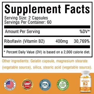 Grevip Vitamin B2 Riboflavin, 400 มก . - รองรับเลือด ระบบประสาท พลังงานและสุขภาพการเผาผลาญ อาหารเสริมรายวันที ่ ไม ่ ใช ่ จีเอ ็ มโอ