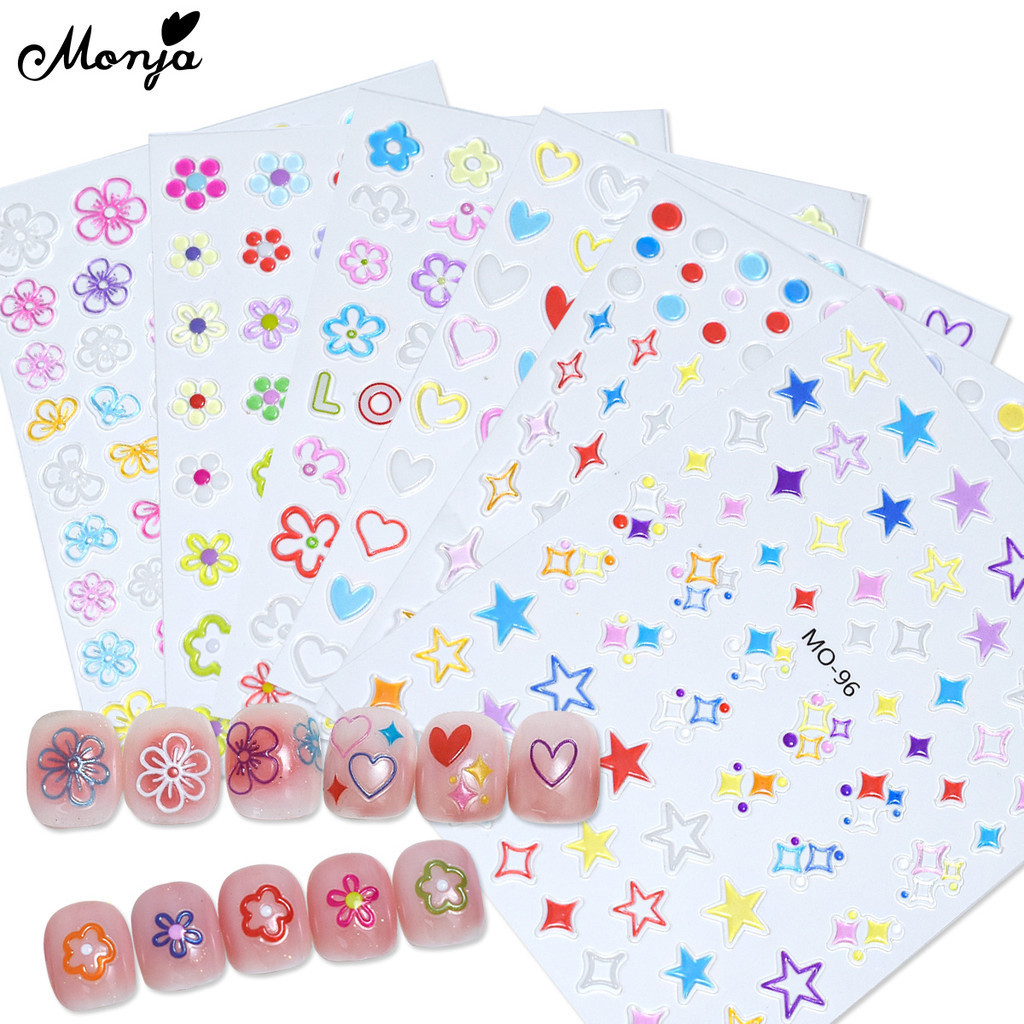 Monja สติกเกอร์ ลายดอกไม้ ดาว 3D มีกาวในตัว สําหรับตกแต่งเล็บ DIY