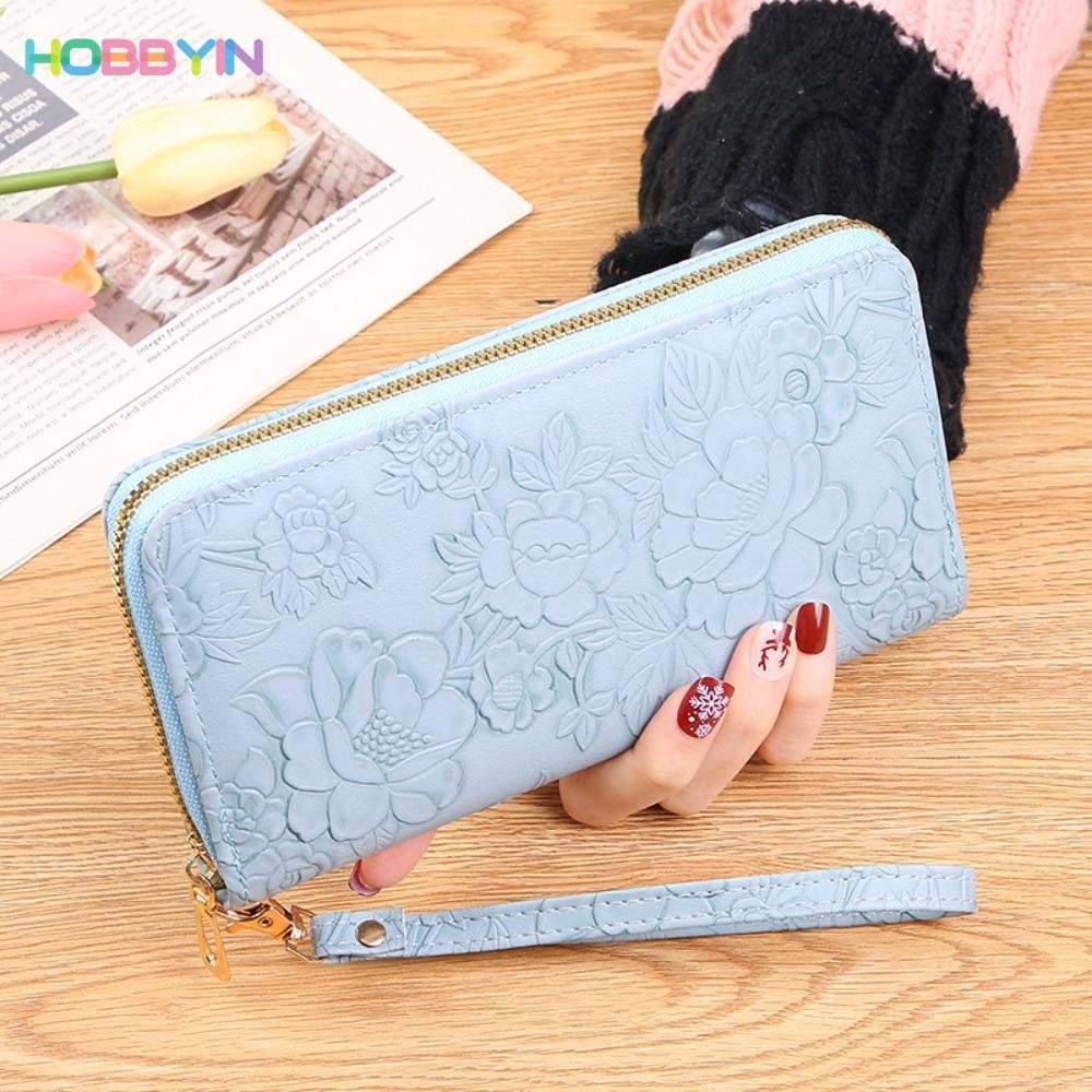 HOBBYIN กระเป๋าสตางค์หนังสังเคราะห์ ใบยาว มีซิป ลายนูน ใส่โทรศัพท์ได้ สําหรับผู้หญิง