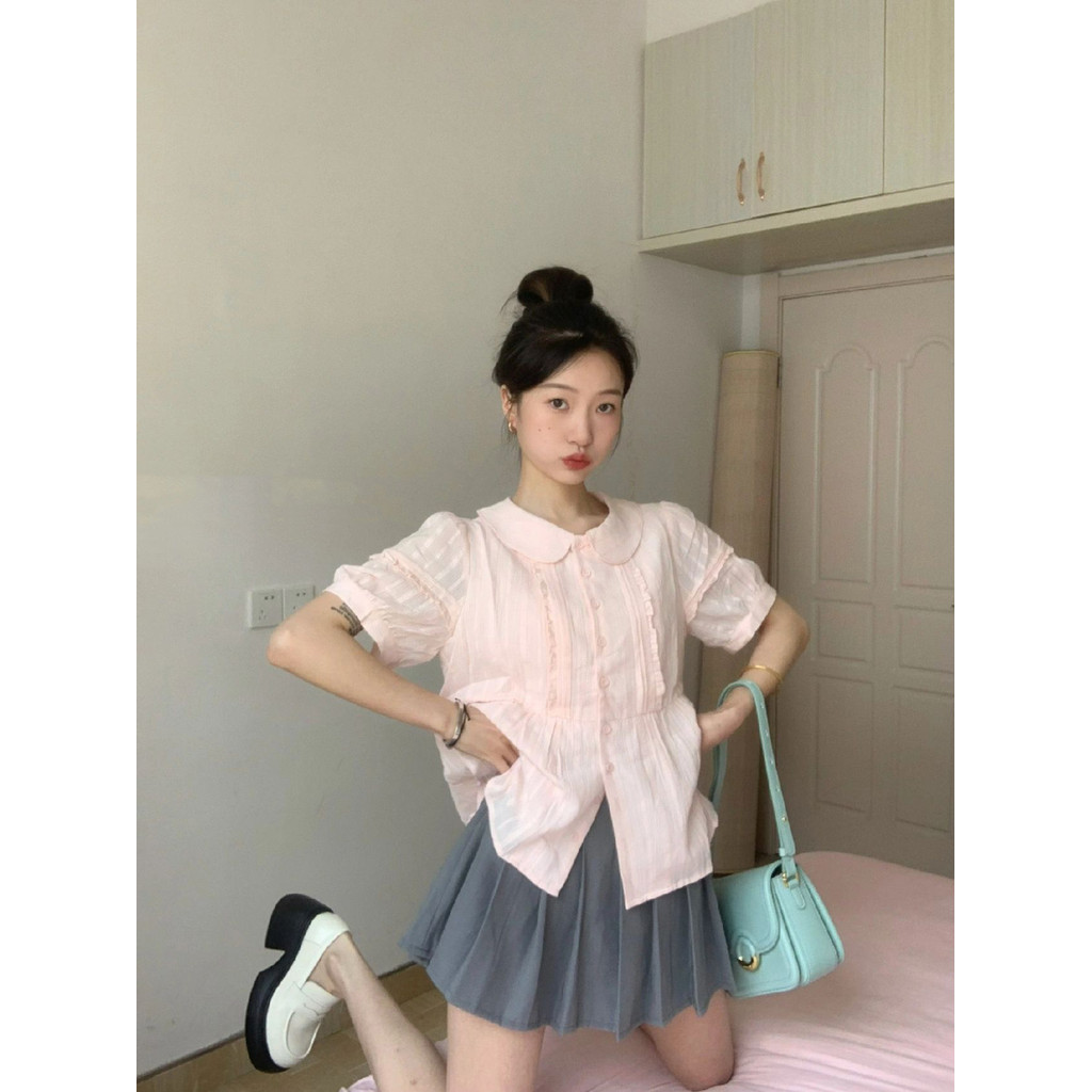 French Sweet Youthful Doll Collar Short Sleeve Shirt for Women Summer Petite Bust Style Pink Blouse Top Trendy